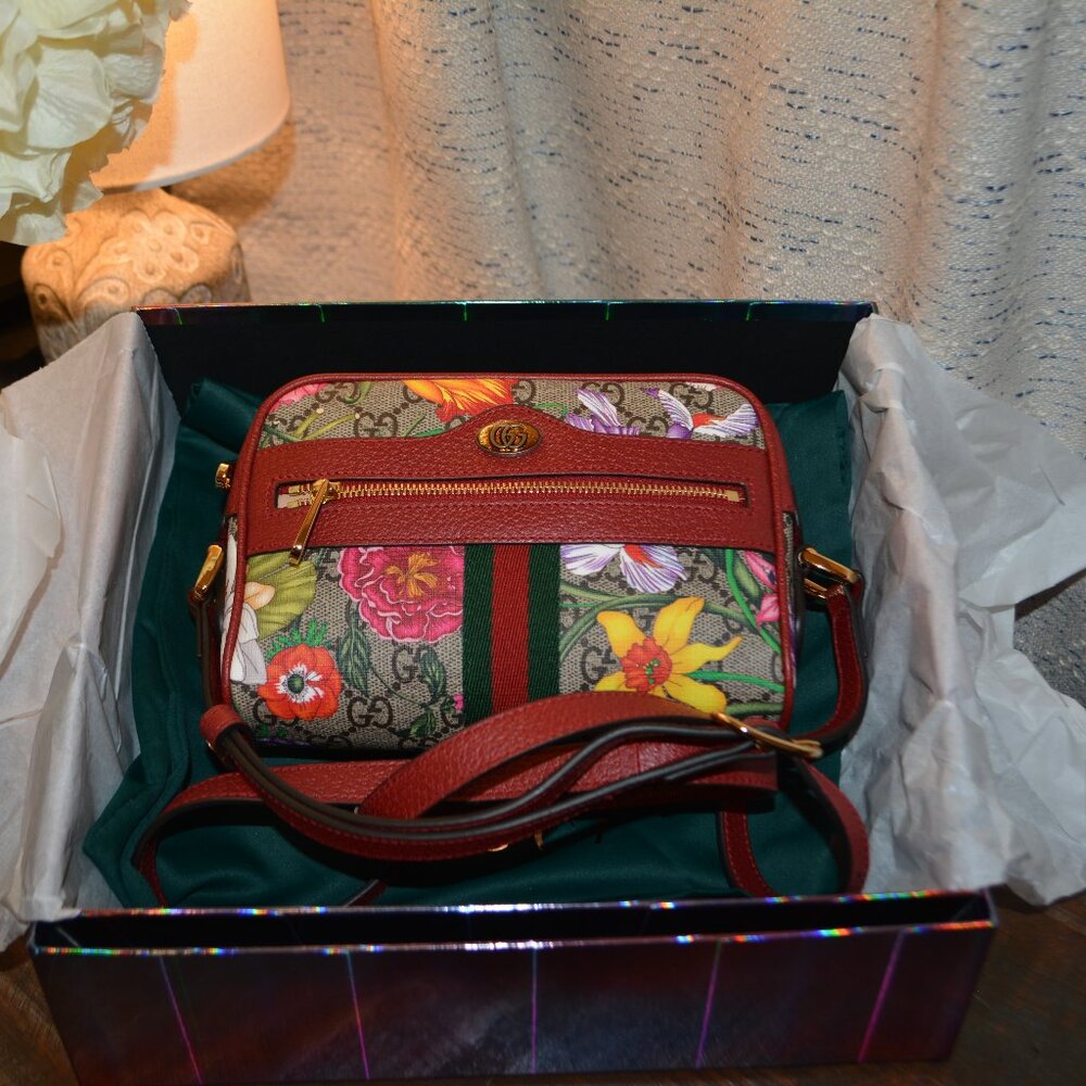 Gucci Ophidia Red Flora Small CAMERA Leather Canvas Flower Handbag Bag Italy NEW